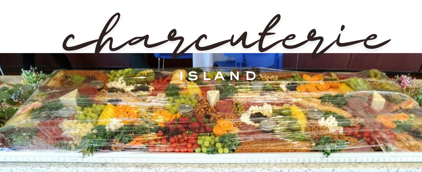 Event-size charcuterie board 72 x 24 inches styled with assorted charcuterie delights