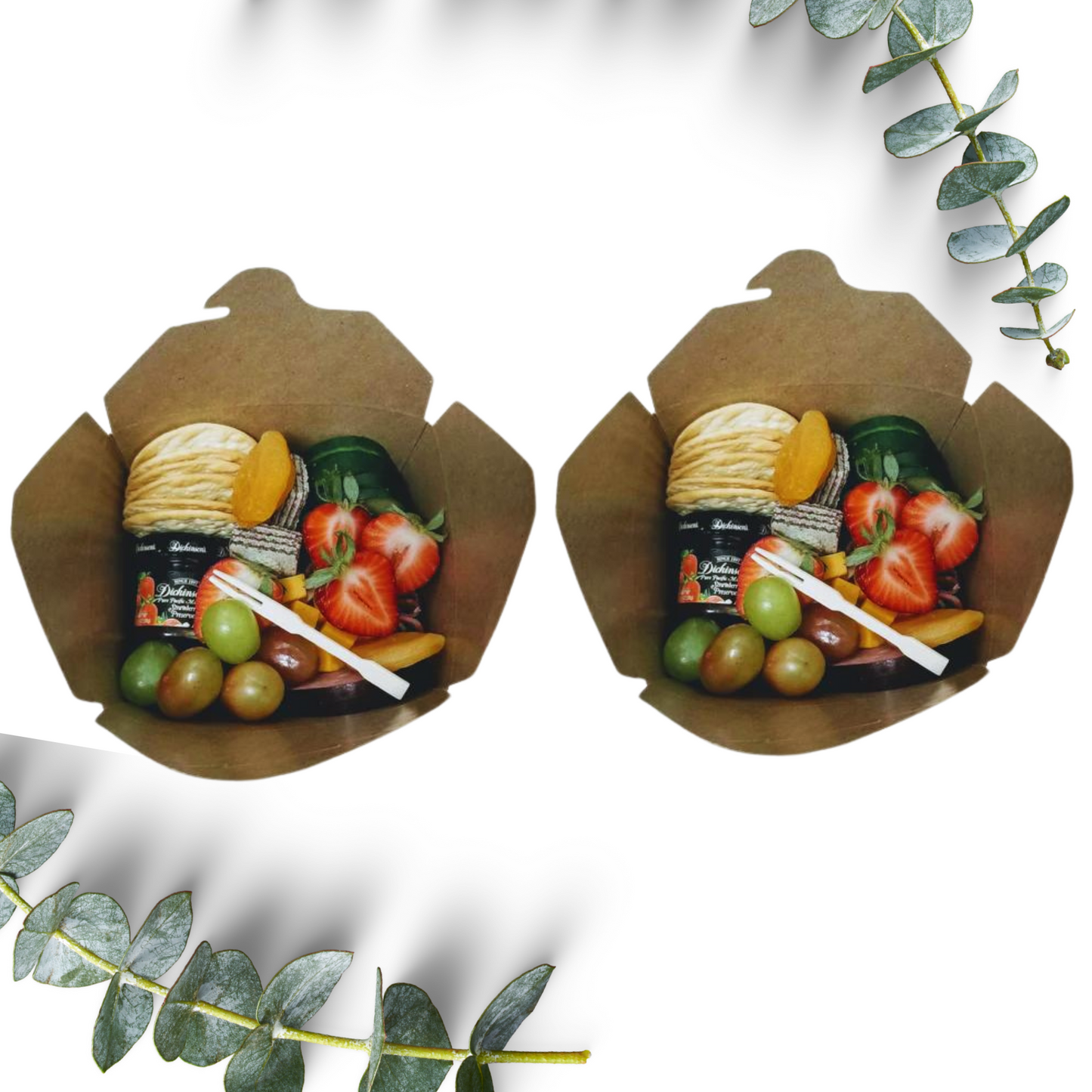 single served snack box with fresh fruit crackers and mini spread