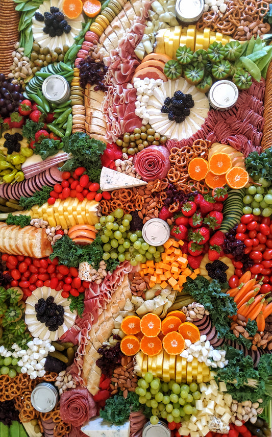 Grazing style charcuterie board arranged for weddings, corporate events, and parties